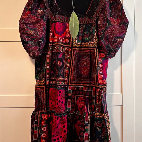 Farm Rio Mixed Scarves Frill Midi Dress size XL patchwork print flowers birds - Picture 3 of 14